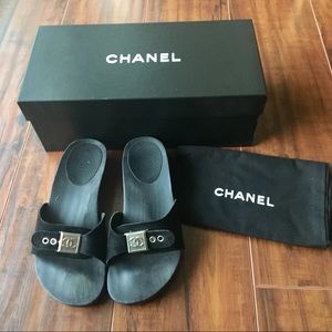 AUTHENTIC CHANEL Wood Suede Clogs Slides Slippers